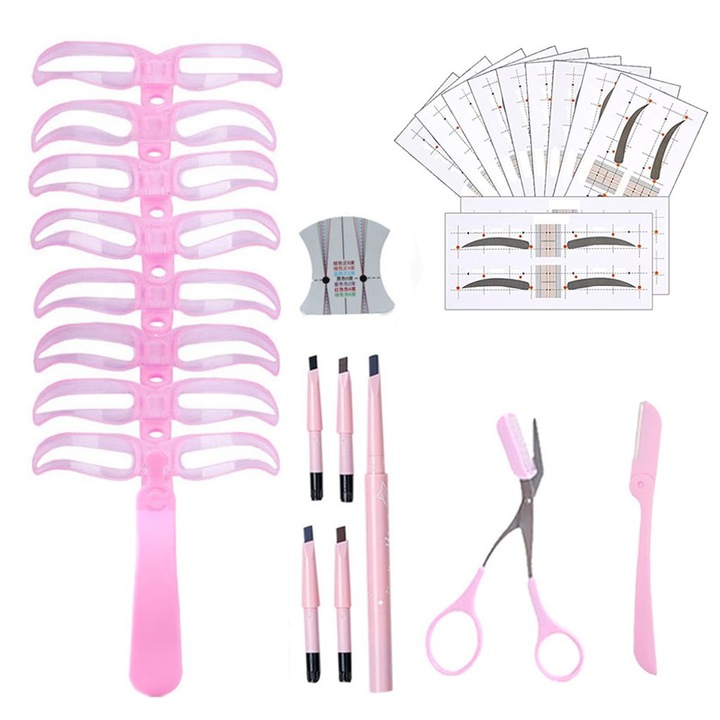 Set de stilizare sprancene, AMRINUGL, Trimmer sprancene, 12 abtibilduri sprancene, 8 sabloane reutilizabile, Roz