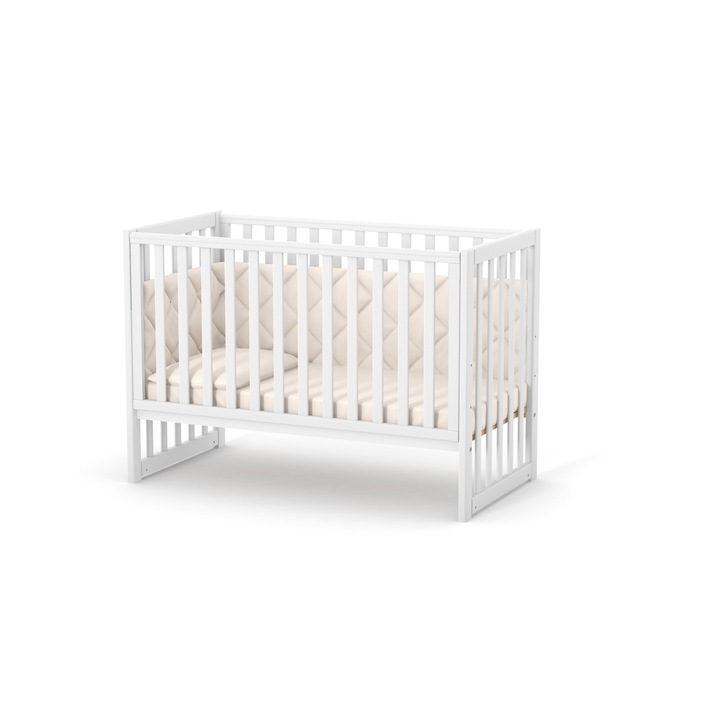 Patut pentru copii, 120×60 cm, alb, LD13, din lemn masiv de fag, 0-4 ani, cu sina pentru dentitie, inaltimea saltelei reglabila, laterala detasabila