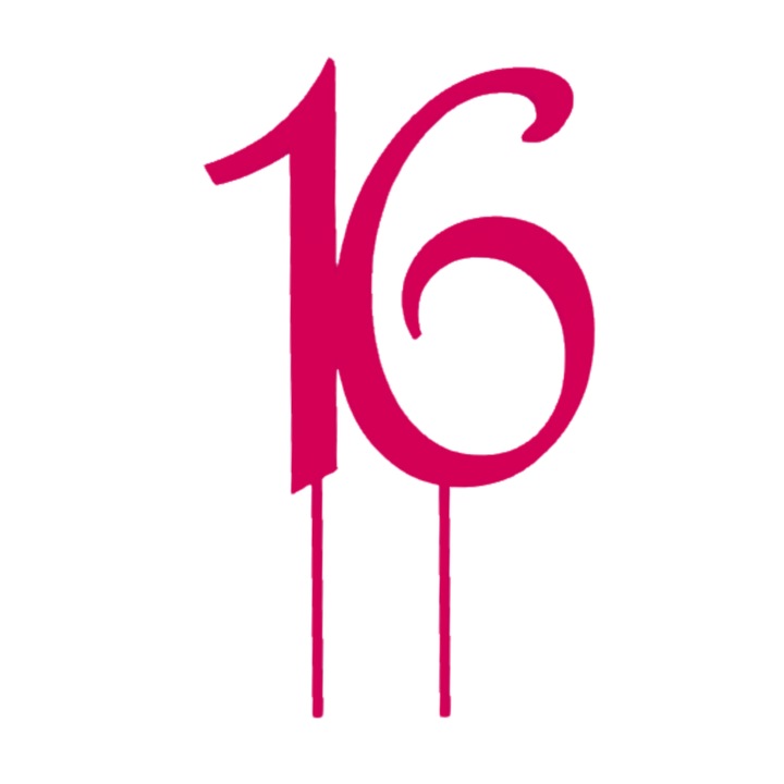 Топер за торта, "16", Рожден ден, 150 X 89 mm малиново розово