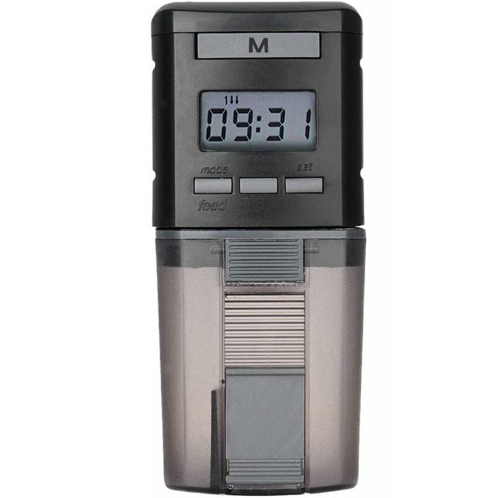 Hranitor pentru acvariu, AMRINUGL, Plastic ABS, Compatibil cu peleti/fulgi, 175ml, 285g, Alimentare automata, 4 mese pe zi, Gri