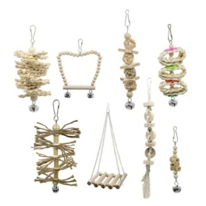 8 db-os fajáték szett papagájoknak, AMRINUGL, bölcső, akasztótámasz