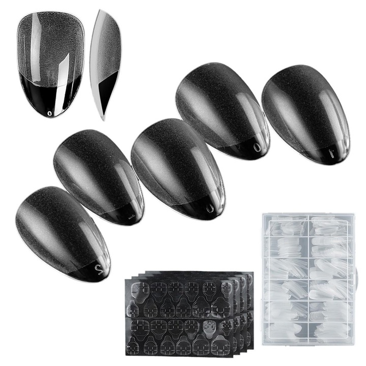 Sfaturi unghii migdale, AMRINUGL, semi-mate, set 360 bucati, 12 dimensiuni, 4 foi lipici