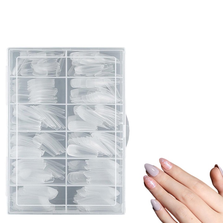 Varfuri unghii migdale, AMRINUGL, semi-matte, set 360 bucati, 10 dimensiuni, 4 lipici pentru unghii