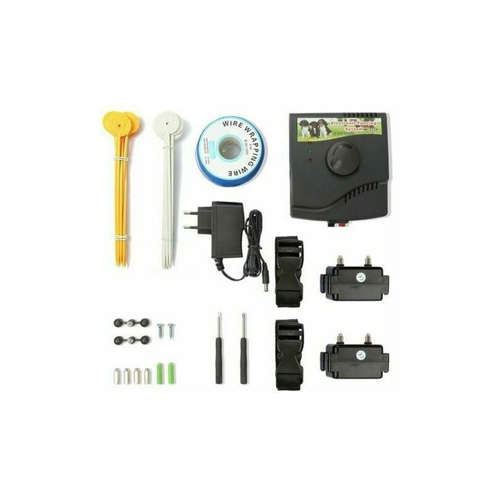 Gard electric pentru caini AMRINUGL, set cu 2 coliere, 300m fir, impermeabil, ajustabil