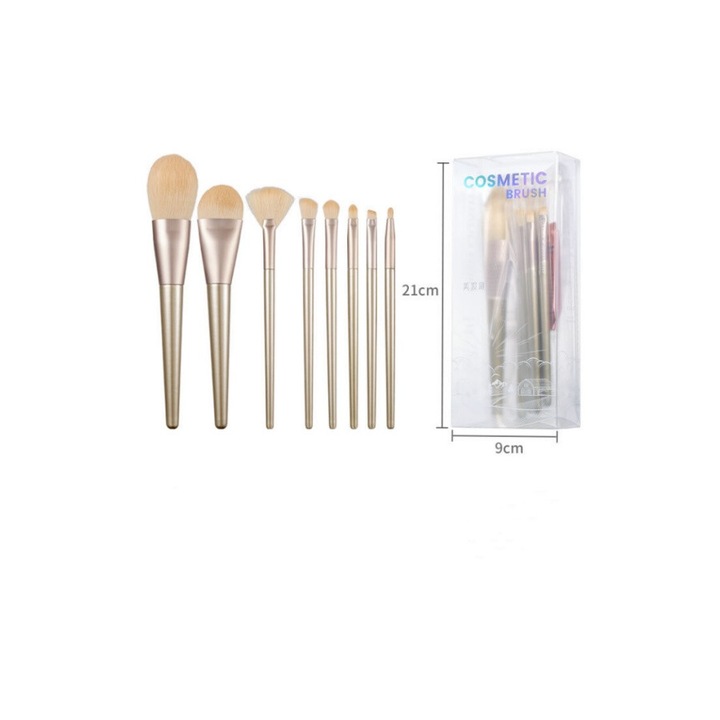 Set 8 Pensule Machiaj AMRINUGL, Sintetice, Culoare Aurie Champagne, pentru Aplicare si Amestecare