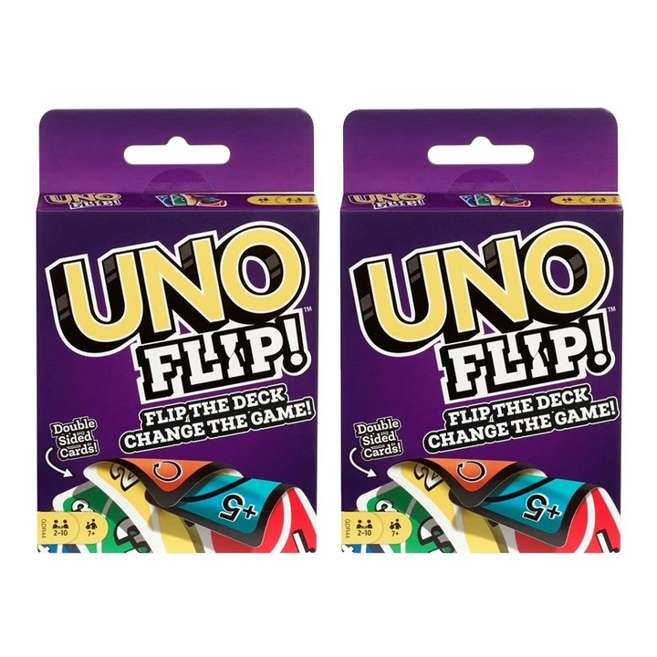 Комплект от 2 игри Uno, SINBINTA, FLIP, класическата семейна игра с карти, преносима, водоустойчива, за многократна употреба, лесна за научаване, за възрастни, толкова забавна, тийнейджъри и деца на възраст над 7 години, картон, 3x2,3 см, Многоцветен