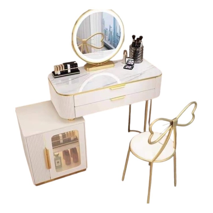 Set masa de toaleta, oglinda LED si comoda, 120x76h cm, culoare alba