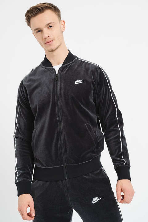 Nike, Bluza de trening cu fermoar si aspect de catifea, Alb/Negru, S