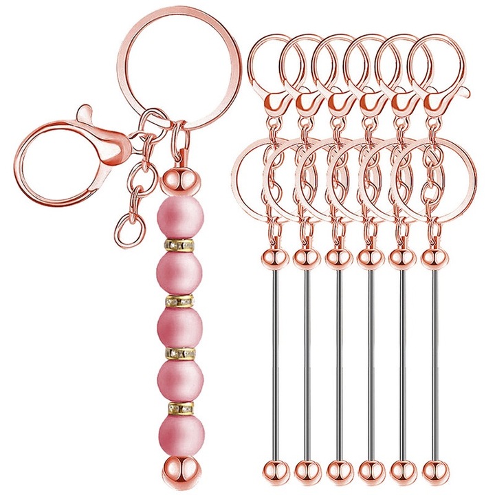 6 db kulcstartó készlet, fém, rózsaszín