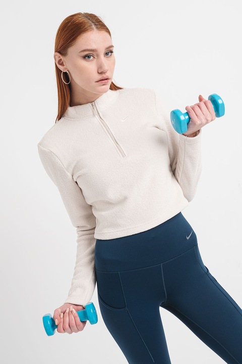 Nike, Bluza de trening crop cu fermoar scurt, Alb murdar
