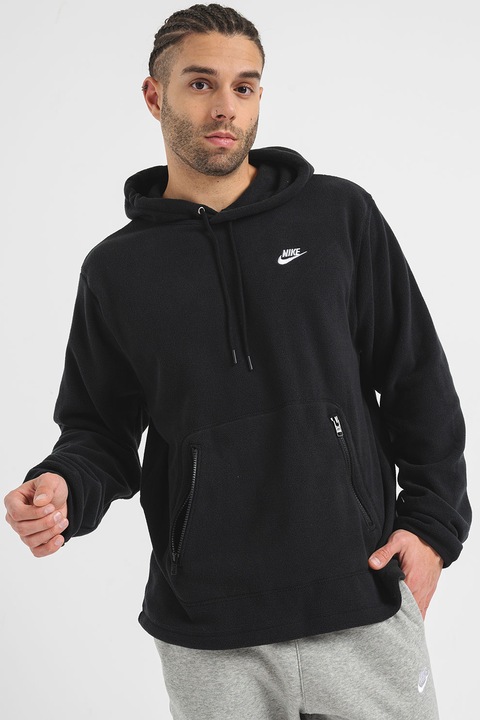 Nike, Плюшено худи с цип и джоб кенгуру, Бял/Избеляло черно