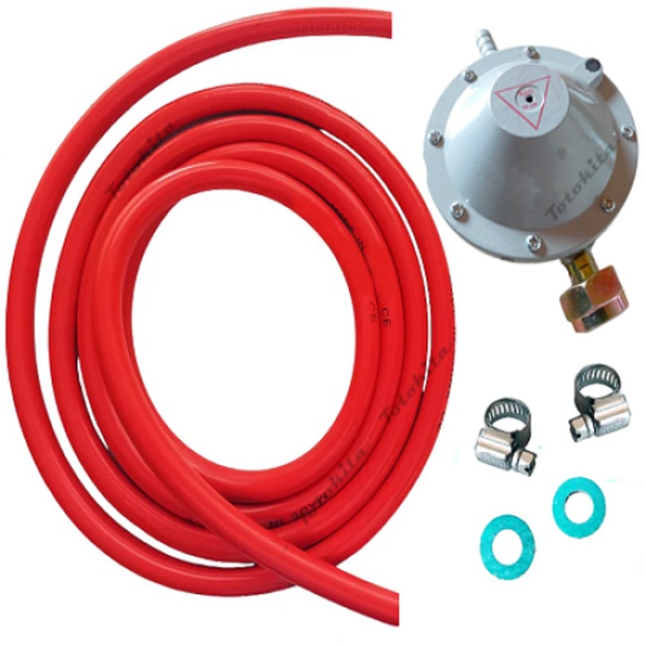 Set ceas butelie, regulator gaz, GPL, furtun 2 metri, 2 coliere, 2 garnituri