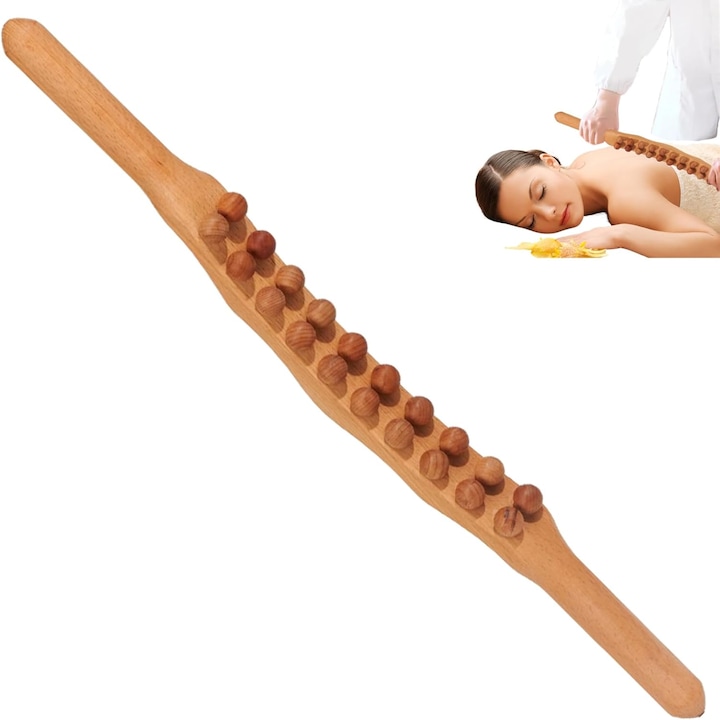 Dispozitiv de masaj din lemn Gua Sha, 20 bile, forma curbata, 58x3.5cm, pentru masaj si terapie, beech wood
