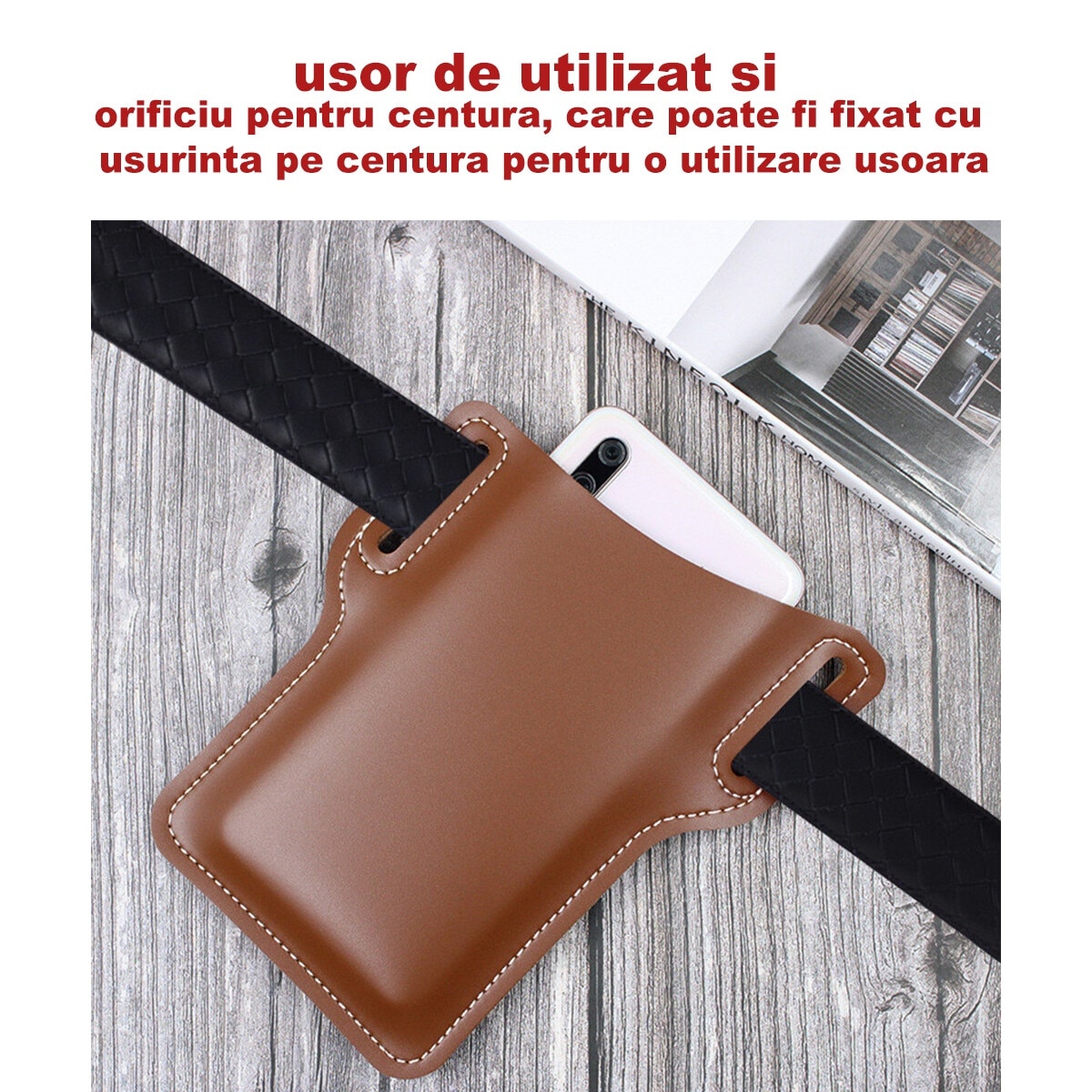 Suport pentru telefon pentru curea, Piele ecologica, husa portofel, Compatibila cu telefoane iPhone 16/iPhone 16 Pro Max 6.5-7.5 Inch, Maro