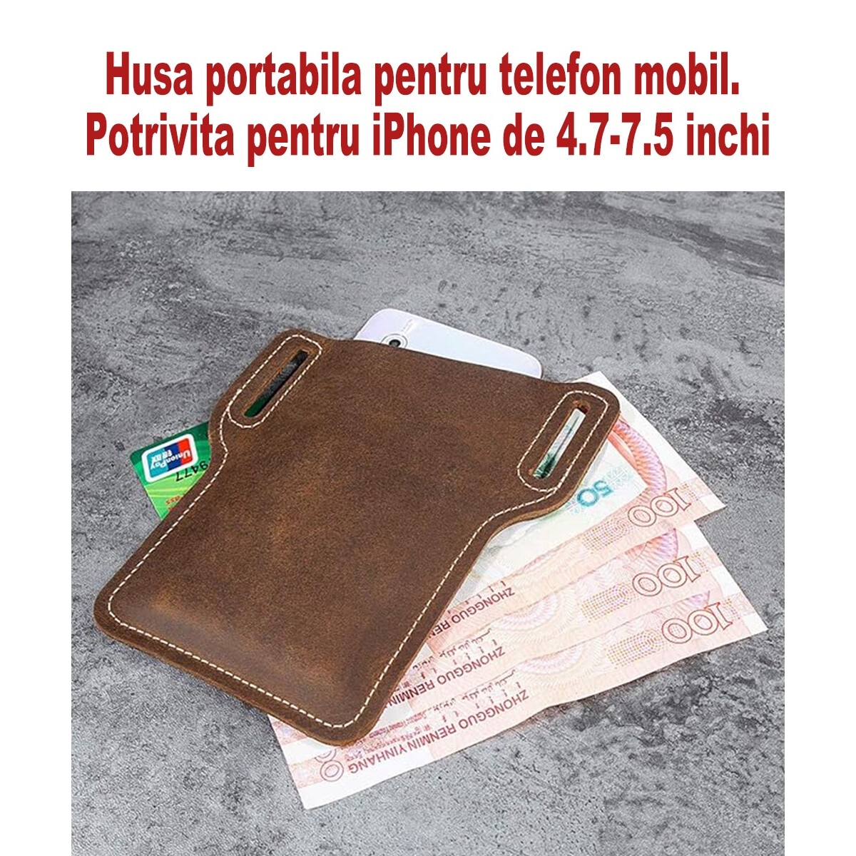Suport pentru telefon pentru curea, Piele ecologica, husa portofel, Compatibila cu telefoane iPhone 16/iPhone 16 Pro Max 6.5-7.5 Inch, Maro
