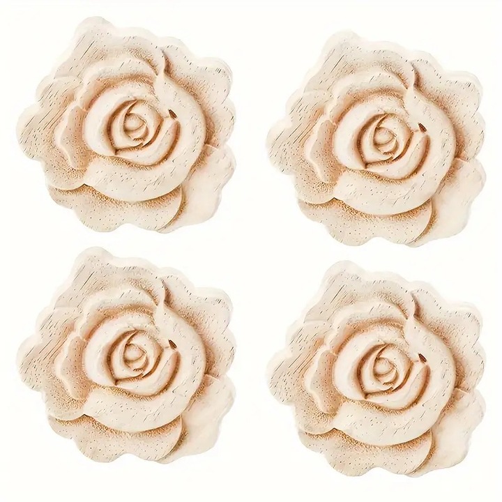 Set 4 Aplice Decorative din Lemn, Model Flori Sculptate, Culoare Natur, 7.5x7.5cm