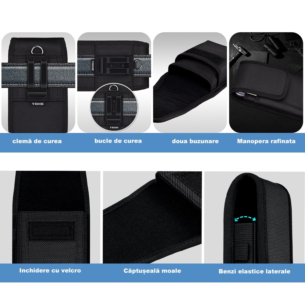 Husa cu centura verticala(XL), husa pentru telefon mobil, suport pentru telefon mobil, suport universal, potrivita pentru Samsung, iPhone, buzunar pliabil, curea, carabinier Clip lateral, carcasa de protectie a mediului, negru