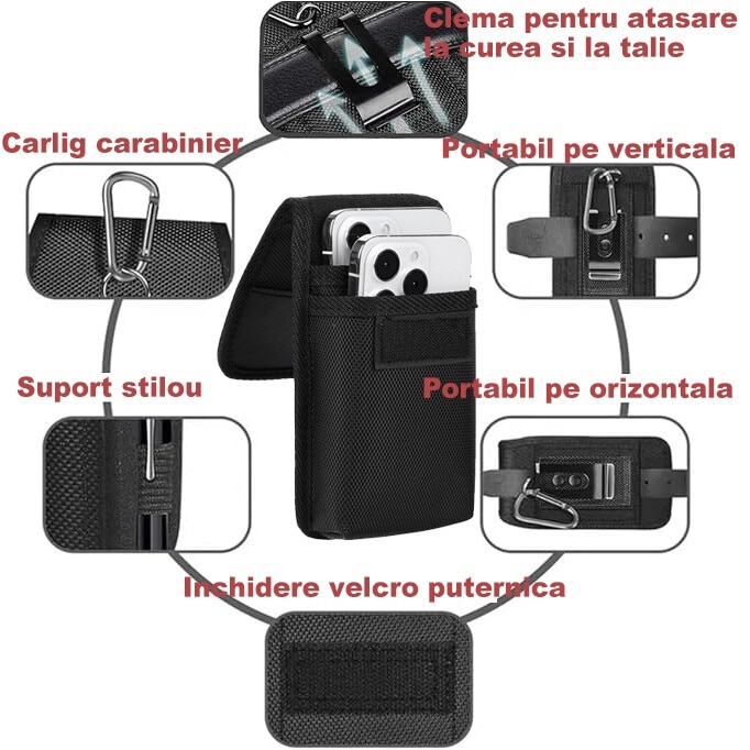 Husa cu centura verticala(XL), husa pentru telefon mobil, suport pentru telefon mobil, suport universal, potrivita pentru Samsung, iPhone, buzunar pliabil, curea, carabinier Clip lateral, carcasa de protectie a mediului, negru