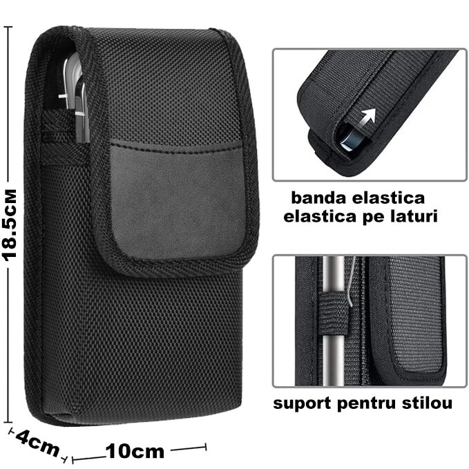 Husa cu centura verticala(XL), husa pentru telefon mobil, suport pentru telefon mobil, suport universal, potrivita pentru Samsung, iPhone, buzunar pliabil, curea, carabinier Clip lateral, carcasa de protectie a mediului, negru
