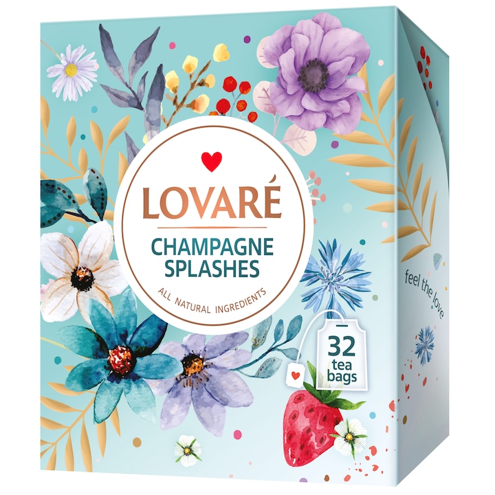 Чай Lovarе Champagne splashes, Черен, Зелен, Парченца плодове, Аромат на грозде, Индивидуална опаковка, 2 гр х 32 бр, 64 гр