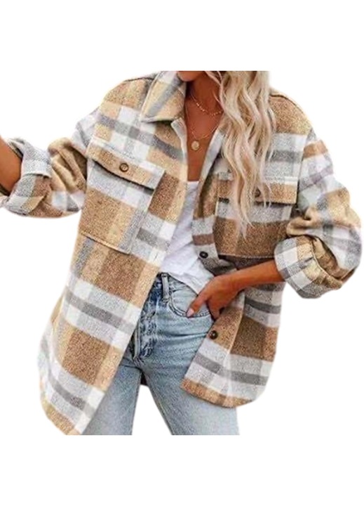 Дамско карирано яке с копчета, AMRIUNGL, полиестер, бежово/бяло, L INTL