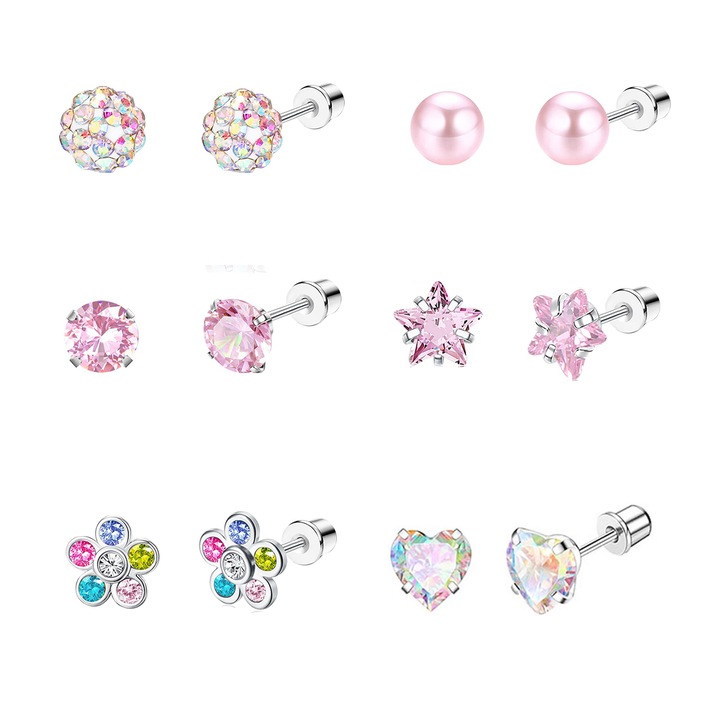Set 6 perechi Cercei Dama, Heart, Star, Flower, Antialergic, Inox/Argint, Multicolor