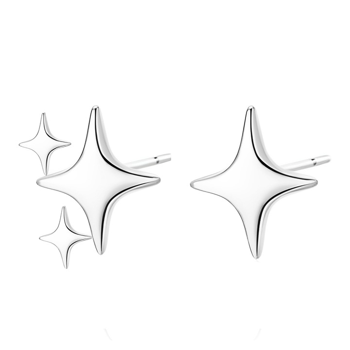 Cercei asimetrici quadrangulati, argintiu, set 2 bucati, 8x8mm, argint si inox