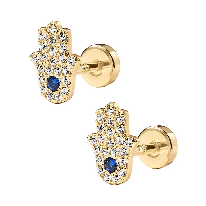 Cercei Hamsa OEMG, Argint si Inox placat cu Aur, Zirconiu, Hipoalergenici, Auriu, 8.1x3.5mm