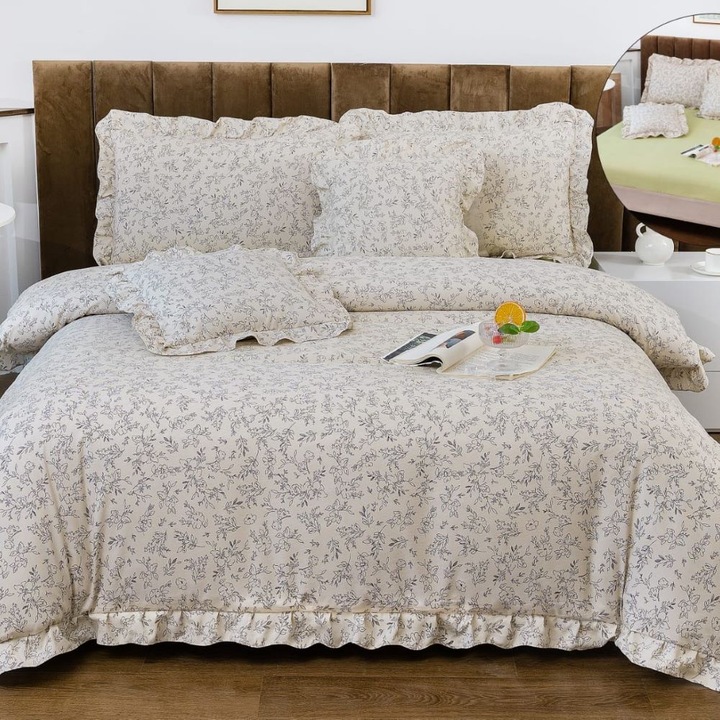 Set lenjerie de pat dublu, bumbac satinat, 180 x 200 cm, 6 piese, cu elastic, multicolor, Casa de Vis, Vol-033