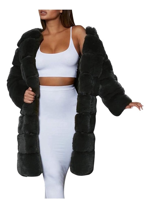 Palton de iarna pentru femei, AMRINUGL, Blana artificiala, Negru