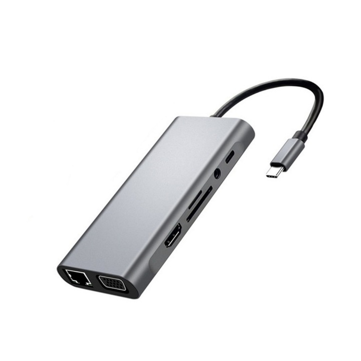 USB C докинг станция 11-в-1 AMRINUGL, 4K HDMI, 2 x USB 3.0, 2 x USB 2.0, Ethernet 100 Mbps, аудио 3,5 mm