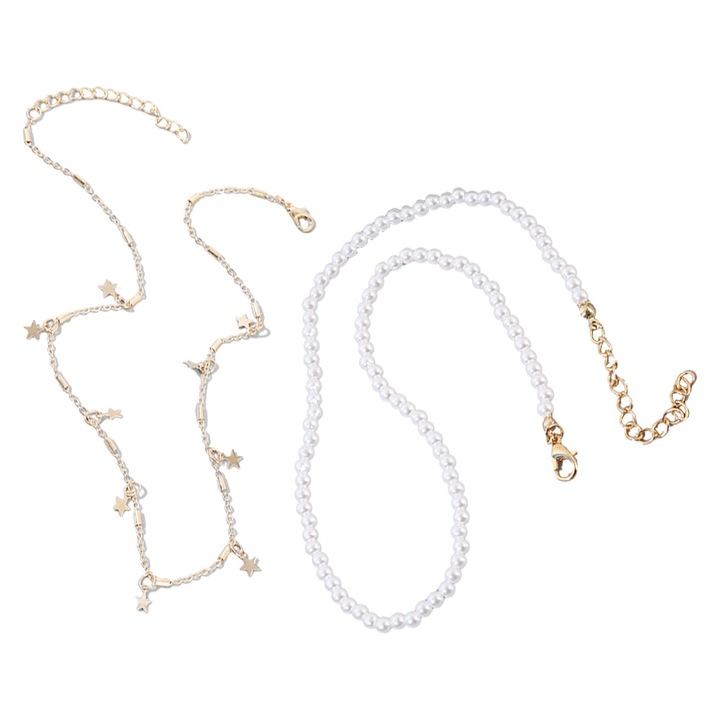 Set 2 Coliere pentru Femei, AMRINUGL, aliaj cu margele, aurie si alba, 34+5cm x 43+5cm