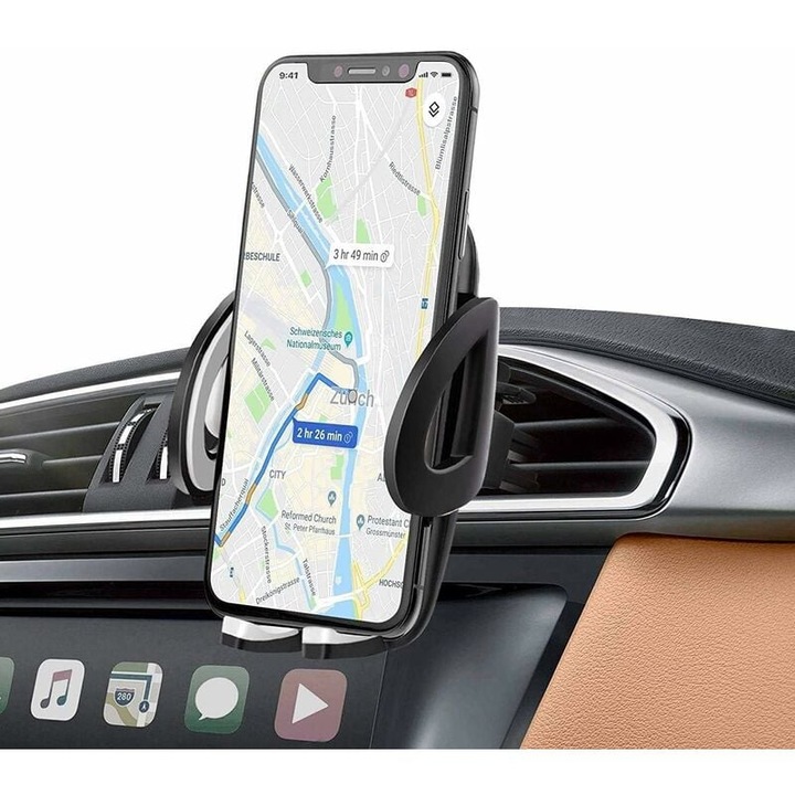 Suport telefon mobil pentru masina AMRNUGL, 2 cleme de ventilatie, material ABS, rotire 360°, dimensiune ajustabila 5.3x9.5cm