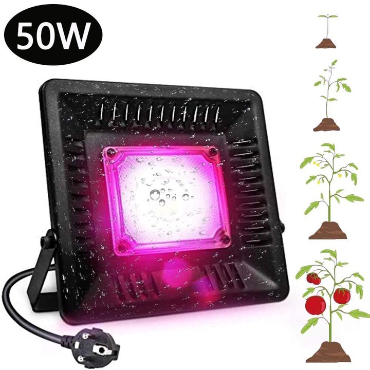 Lampa pentru plante LED COB cu spectru complet, 50W, waterproof IP67, 220-240V, set cu carlig din otel inoxidabil