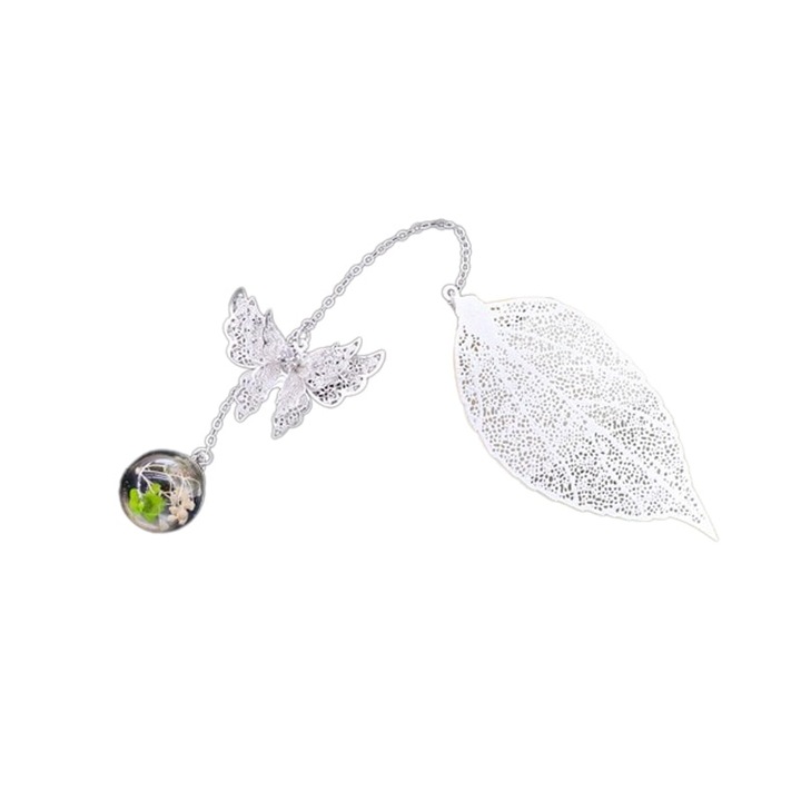 Semn de carte, AMRINUGL, cu model de frunza, argintiu