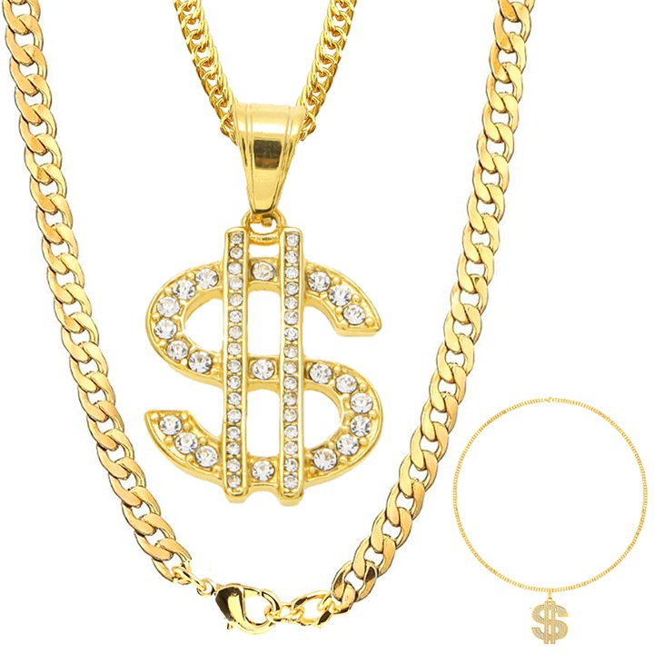 Lant hip-hop cu pandantiv dolar, AMRINUGL, aur, decorat cu strasuri, stil retro