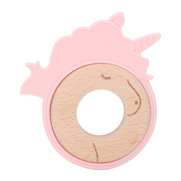 Играчка за никнещи зъби, AMRINUGL, дървен и силиконов пръстен, форма на животно, 10x10см
