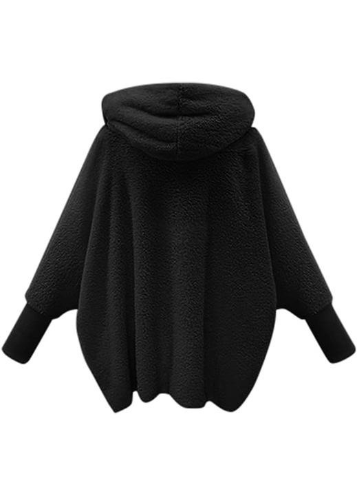 Jacheta din fleece cu gluga pentru femei, AMRIUNGL, Negru