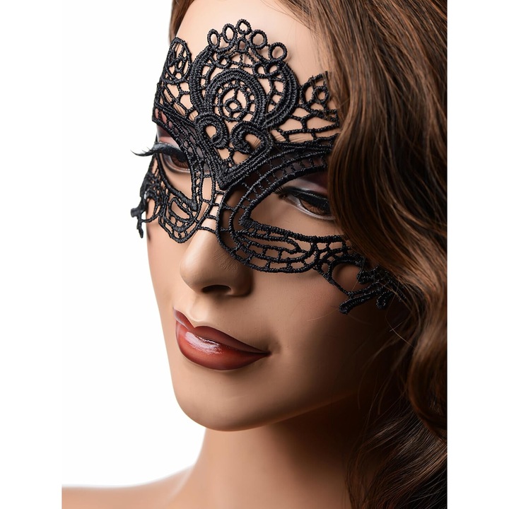 Masca de ochi din dantela neagra, set accesorii pentru petrecere, carnaval, bal, femei, cu panglici satin.