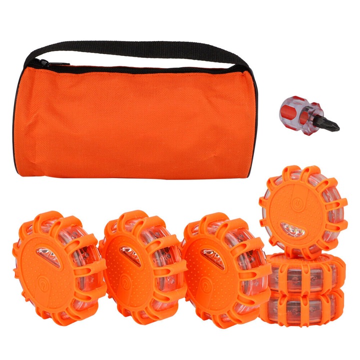 Set 3/6 lumini avertizare LED portabile, rezistente la apa, portocaliu, 9 moduri, 10x5x3cm