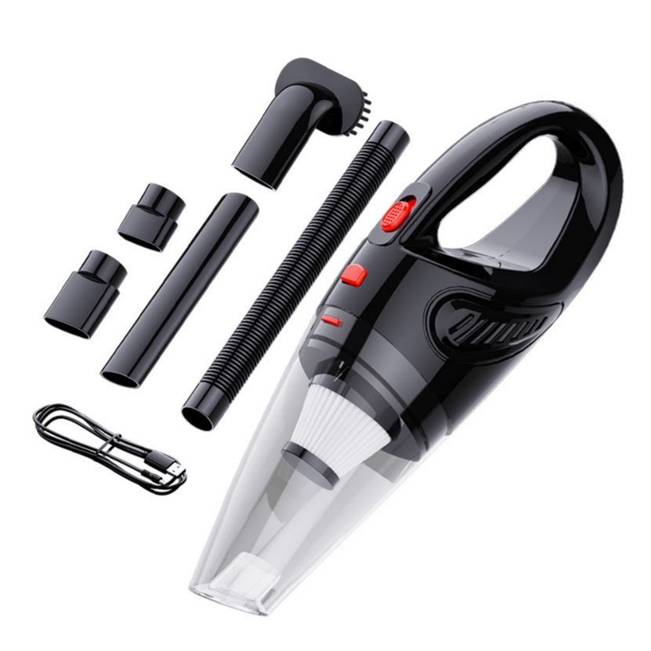 Aspirator portabil fara fir AMRINUGL, putere 120W, capacitate baterie 2000mAh, culoare neagra, dimensiuni 355x105x125mm, set complet accesorii