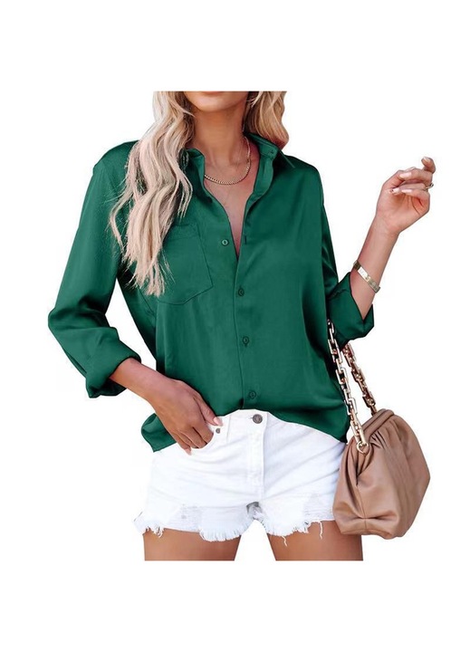 Camasa dama, AMRINUGL, Verde, Decolteu in V, Maneci lungi, Sintetic