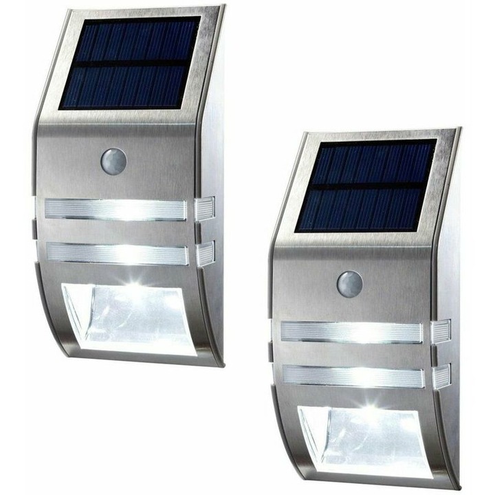 Lampi solare de exterior, set 2, senzor miscare, inox, alb, 15x10x8cm
