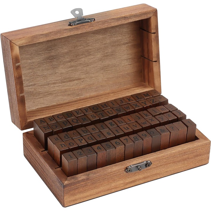Set de stampile din lemn, AMRINUGL, 70 piese, litere mici si mari, numere, simboluri, cutie vintage, 3.8x0.8x1.2cm