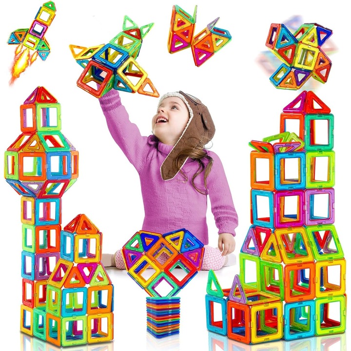 Set de blocuri magnetice 40pcs, AMRINUGL, pentru copii 3-6 ani, forme 2D si 3D, multicolor