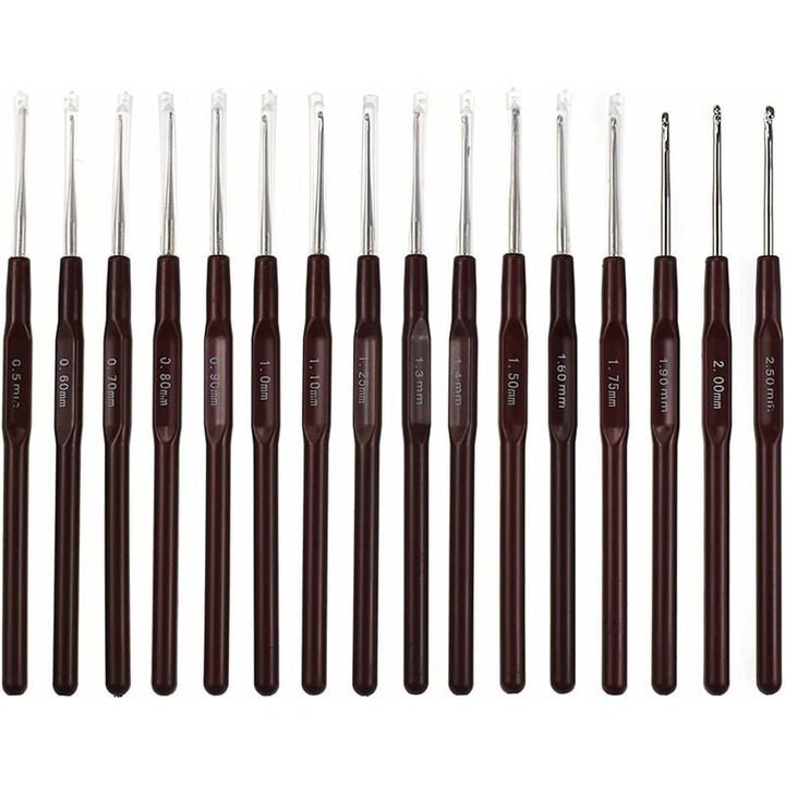 Set 16 crosete ergonomice, Amrinugl, Aluminiu, Maner plastic, 0.5mm-2.5mm, Maro/Argintiu