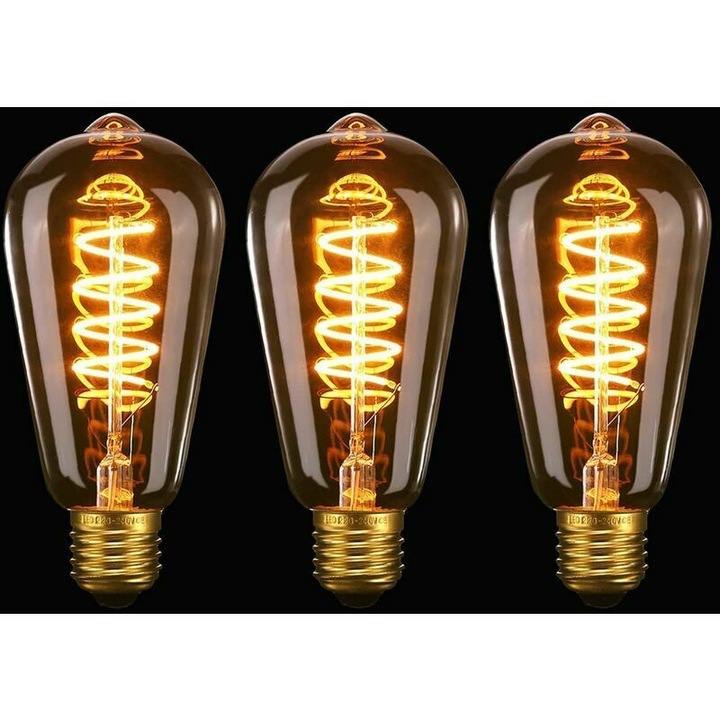 Becuri LED ST64, 4W, spiral flexibil, sticla amber vintage, set de 3, E27, 220-240V