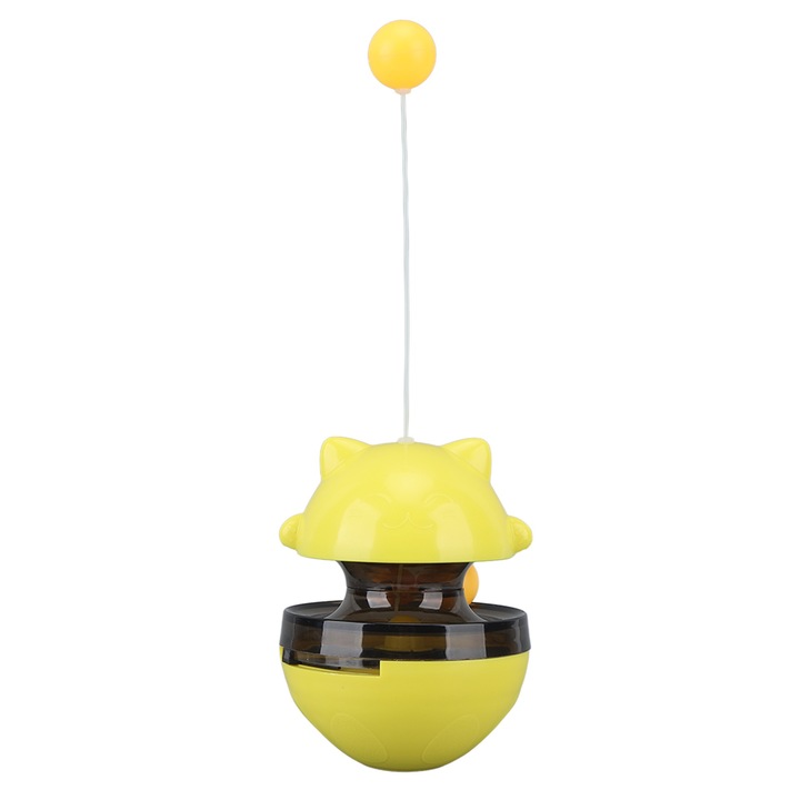 Jucarie interactiva pentru animale, AMRINUGL, bila distribuitoare de hrana, plastic, galben, 100x100x135mm, set 1 buc.