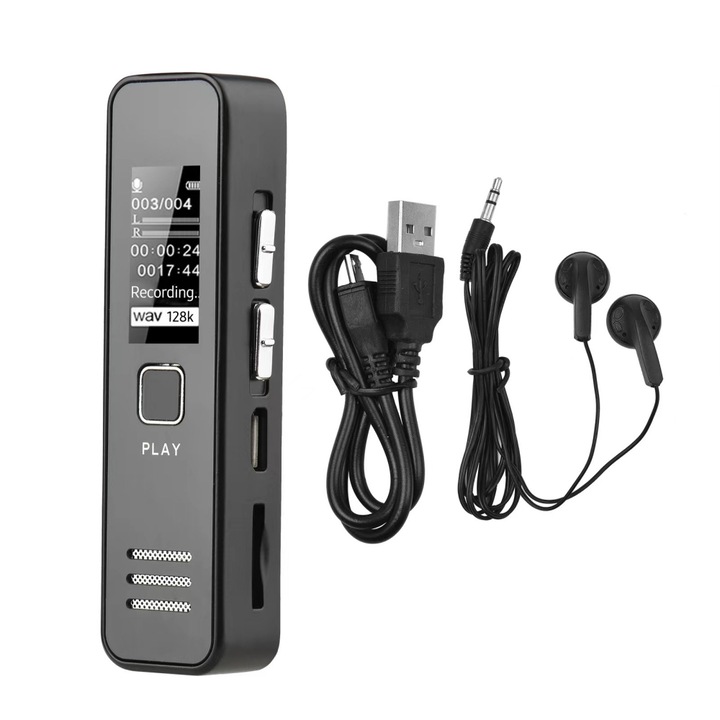 Цифров диктофон, Mmgoqqt, 64 GB, многопосочен микрофон, гласово активиране, USB-C