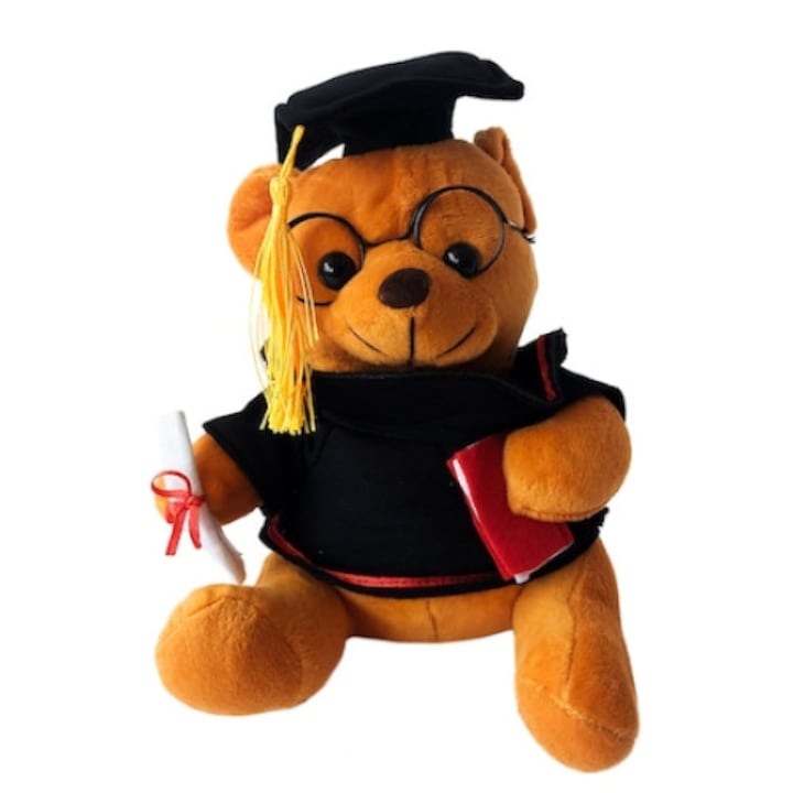 Ursulet de plus AMRINUGL, costum de absolvire, 20cm, culoare maro cu haine negre